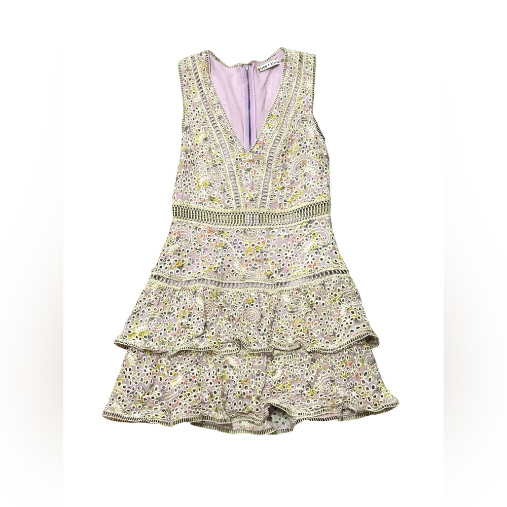 ALICE + OLIVIA Tonie Floral Lace Eyelet Tiered Ruffle Mini Sleeveless Dress - Picture 6 of 12